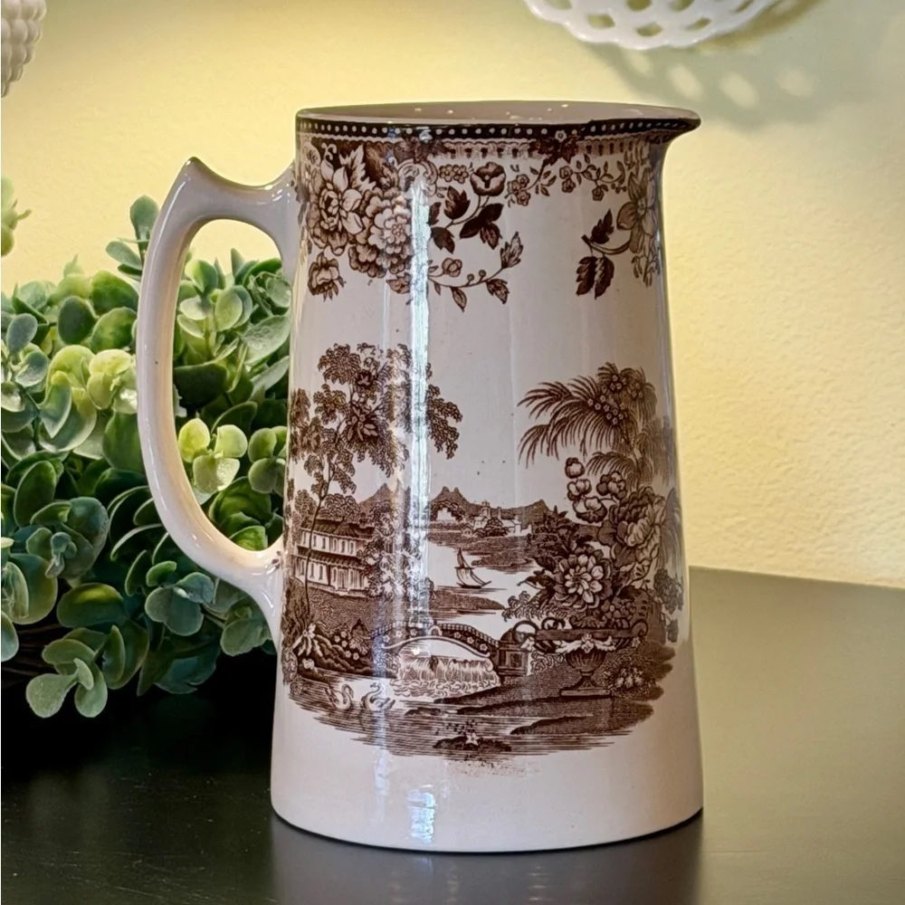 VINTAGE, CLARICE CLIFF, BROWN TRANSFERWARE PITCHER MADE BY ROYAL STAFFORDSHIRE.